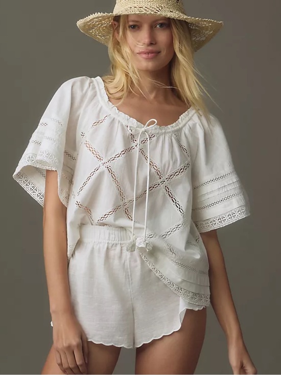 Anthropologie Tops - Anthropologie White eyelet crochet cotton bohemian tops sz s